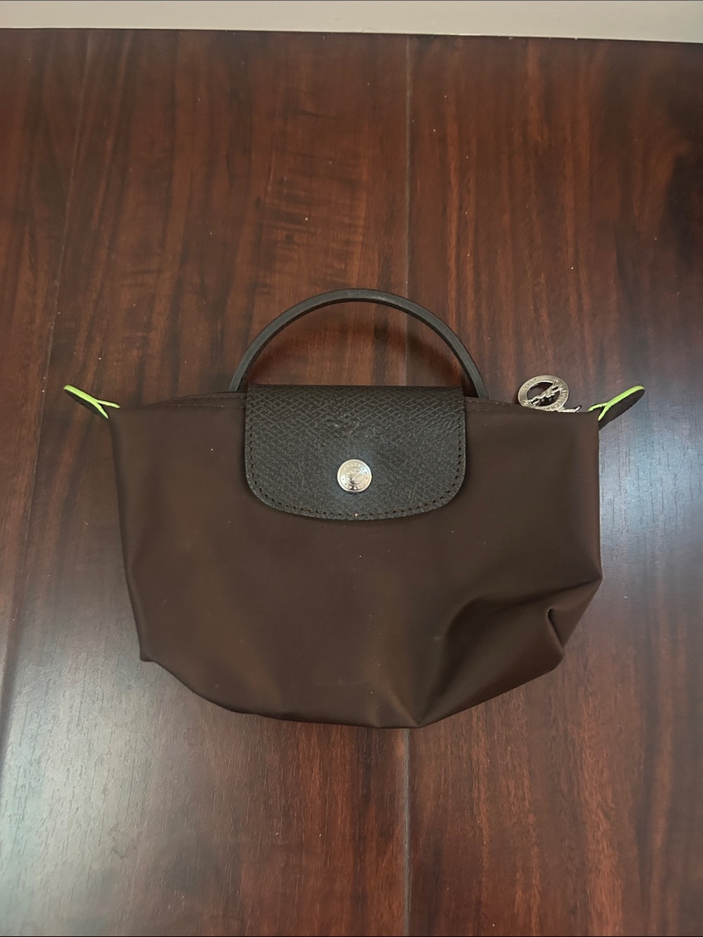 Longchamp Mini Le Pliage Brown with Neon Yellow Accents